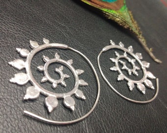 Silver  Color  Brass Spiral Earrings || Ethnic Earrings || Tribal Earrings || Boho Earrings