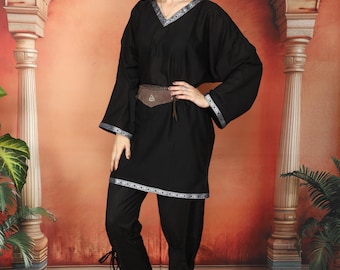 Black Gender-neutral Viking-inspired cotton tunic with a v-neck adorned with silver floral Patterns woven ribbon