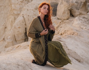 Raw Cotton Kimono || Kimono With Ethnic Patterns Border || Bohemian Openwork Kimono || Natural Material Shamanic Kimono || Light Summer Vest