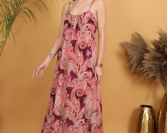 Burgundy & Pink Paisley Maxi | Bohemian Summer Dress | Flowy Silk Feel Festival and Vacation Outfit