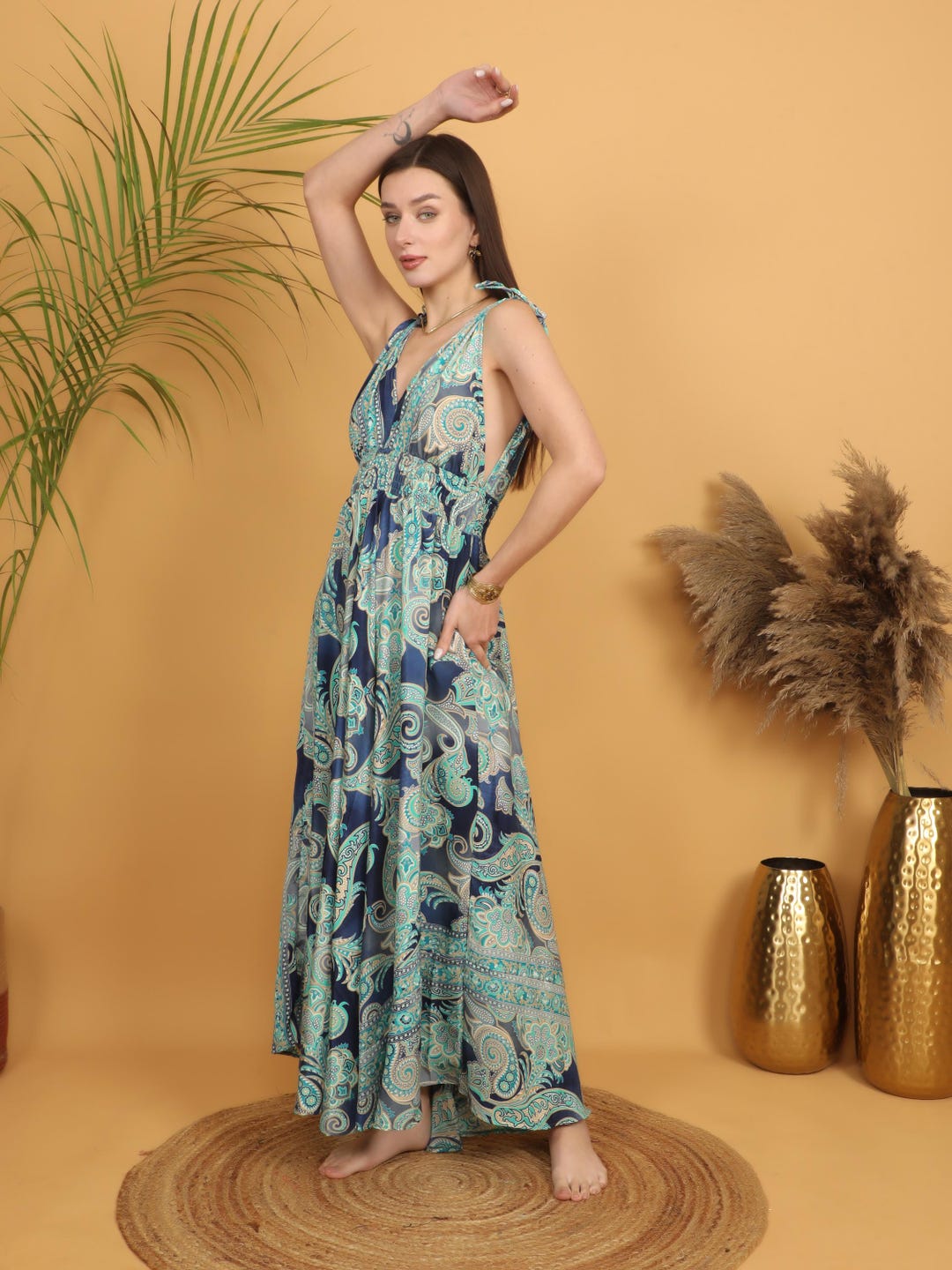 Emerald Boho Goddess Maxi Dress | Green Paisley Print Polyester Gown | Flowy Resort & Festival Dress