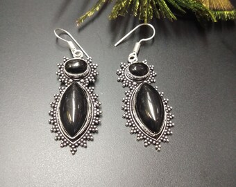 Ethnic Dangle Silver Color Earrings With Black Obsidian || Silver Color Black Stones Gypsy Earrings