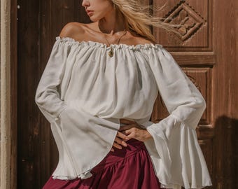 Handmade Viscose Medieval Blouse: Off-White Renaissance Crop Top