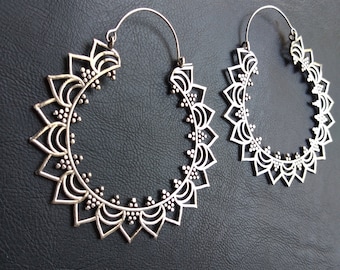 Extra Large Petal Pattern Hoop Earrings || Silver Color Ethnic Hoops || Oriental Mandala Earrings