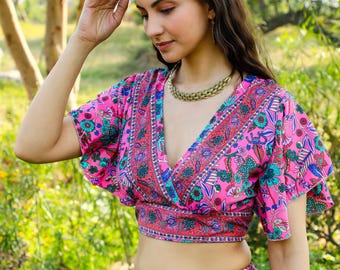 Pink Bohemian Chic Open Back Top || Butterfly Sleeves Open Back Crop Top || Floral Print Ethnic Crop Top