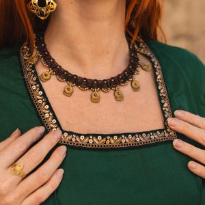 Macramé Ethnic Choker Necklace, Hand Braided Cotton Tribal Necklace, Boho Woven  Brass Beads and Charms Necklace