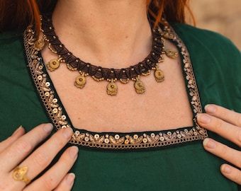 Macramé Ethnic Choker Necklace, Hand Braided Cotton Tribal Necklace, Boho Woven  Brass Beads and Charms Necklace