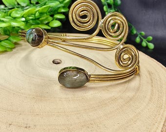 Ethnic Brass Arm Bracelet Adorn With 2 Gemstones || Tribal  Upper Arm Bracelet with Spirals ||  Flexible Boho Adjustable Biceps Arm Bracelet