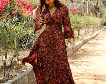 Black Bohemian Paisley And Flower Polyester Dress || 3/4 Sleeves Colorful Fluid Dress || Free Size Summer Dress || Flared Sleeves Dress