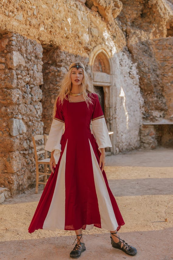 medieval vintage cotton dresses Luxalzxs Women's Medieval Vintage Solid Color Flared Sleeve Princess Dresses  Elegant Off Shoulder Flowy Cotton Linen Peasant Dress Irregular Hem Faire  Fairy Long Dress Renaissance Victorian Dress