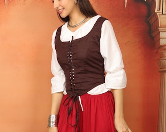 Chocolat Brown Medieval Inspired Lacing Bodice || Viking Sleeveless Cotton Short Vest || Celtic Corset Style Bustier Top