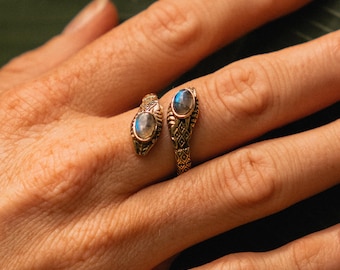 Adjustable Snake Ring Decorated With Natural Stones || Bohemian  Serpentine Brass Ring || Totem Animal Ring