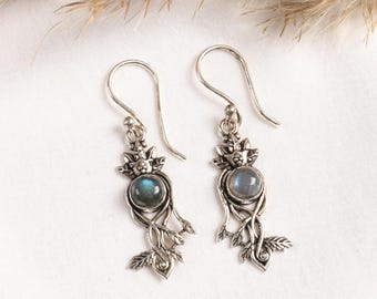 Enchanted Vine Earrings with Natural Gemstones | Silver Tone Art Nouveau Woodland Jewelry | Vintage Floral Dangles