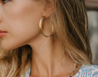 Big Textured Curved Minimalist Hoop Earrings || Modern Simple Brass Hoops Earrings || Bohemian Gypsy  Contemporary Hoop Earrings