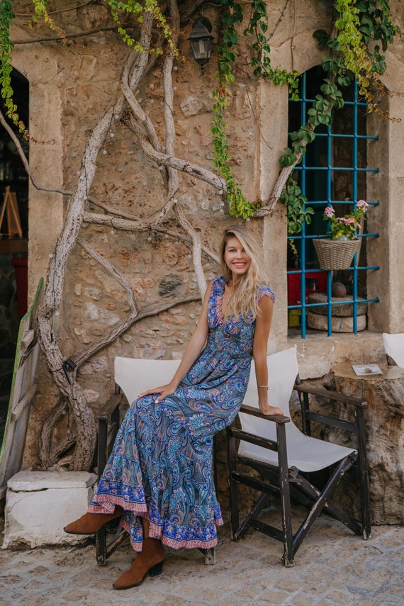 Long Boho Dress With Ruffles || Blue Paisley Print Flowy Dress || Printed Maxi Summer Dress