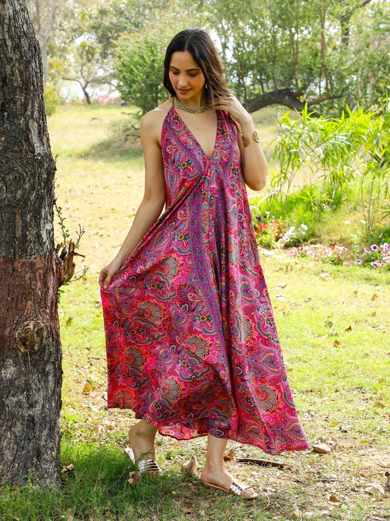 Pink Paisley Halter Maxi Dress: Bohemian Backless Summer Dress