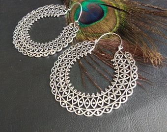 Very Large Ornamental Hoop Earrings || Ethnic Geometric Pattern Hoop Earrings || Silver Color Bohemian Earrings