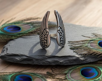 Skyddsängelvingarring || Justerbar silverfärgad mässingsring || Symboliska och andliga bohemiska smycken, present till henne