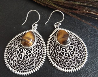 Large Bohemian Drop Earrings with Natural Stones || Ethnic Earrings Drops Semi Precious Stones || Boho Jewelry || Ethnic Gem Jewelry