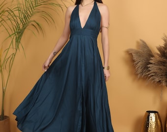 Petrol Blue Deep V Neck Backless Dress | Boho Halter Maxi | Viscose Summer Gown | Flowy Festival Outfit | Bohemian Evening Dress