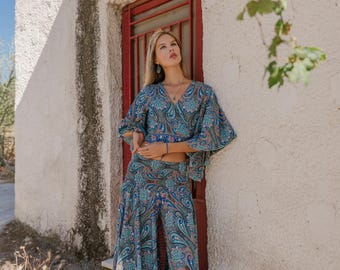 Bohemian Wide Pants || Paisley Print Flared Pants ||  Fluid Summer Pants || Palazzo Trouser Free Size || Pants-Skirt