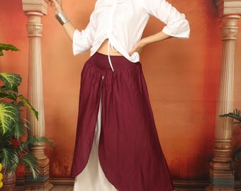 Medieval Inspired Two Tone Skirt With V Shape Belt || Viscose Long  Flowing Skirt || Boho Burgundy  and White Color Role Play Petticoat