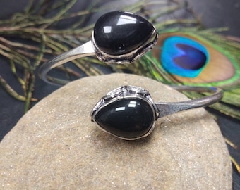 Semi Opened Boho Silver Adjustable Bracelet with Black Obsidienne || Adjustable Ethnic Face to Face Bracelet with Semi Precious Stones