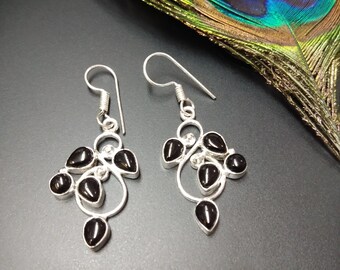 Silver Color Dangle Earrings With Black Obsidian || Black Stones Ethnic Earrings || Bohemian Earrings