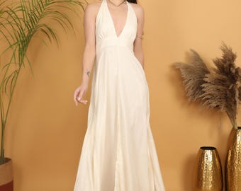 Off White Backless Maxi | Boho Halter Dress | Front Slit Viscose Gown | Deep V Neck Dress | Bohemian Wedding Dress | Flowy Bridal Outfit