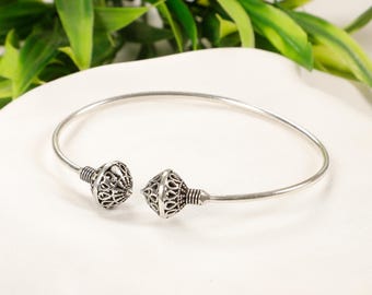 Adjustable Face To Face Brass Bangle Bracelet Decorated With 2 Openwork Ethnic Patterns Spheres || Unisex Viking  Semi-Open Cuff Bracelet