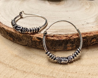 Small Silvered Brass Hoop Earrings Decorated With Ethnic Designs  || Every Day Tribal Earrings || Timeless Hoop Earrings