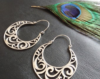 Arabesque Hoop Earrings || Ethnic Hoops Decorated With Swirls || Bohemian Brass Earrings