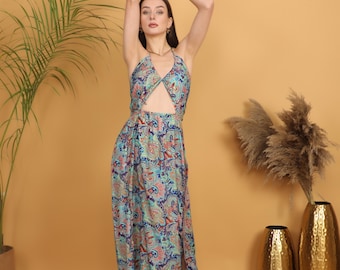 Boho Paisley Maxi Dress | Teal Blue Halter Dress | Backless Cut Out Long Dress | Silk Feel Polyester Gown | Festival Beach Outfit