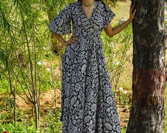 Bohemian Black and White With Golden Hilight Wrap Dress || Long Floral Print Dress || Polyester Butterfly Sleeves Maxi Dress
