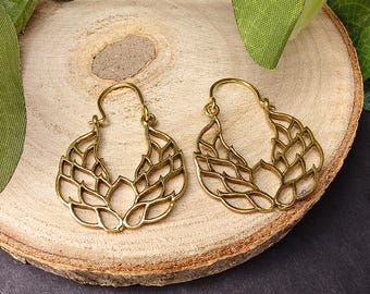 Small  Stylised Guardian Angel Wings Earrings || Tiny Modernist Brass Openwork Hoops || Mini Contemporary Graphic Hoops