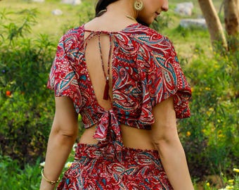 Bohemian Chic Open Back Top Burgundy || Butterfly Sleeves Open Back Crop Top || Paisley and Floral Print Ethnic Crop Top