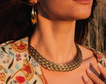 Ethnic Celtic Inspired Brass Choker Necklace || Braided Viking Torc Necklace || Rigid Tribal Necklace
