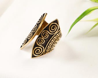 Long Brass Ethnic Ring Decorated with Tribal Geometrical  And Spiral Patterns || Bohemian Chic Contemporary Adjustable Open Free Size Ring