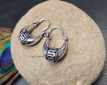 Small Decorated Hoop Earrings || Small Ethnic Hoops ||  Tribal Tiny Thick Earrings