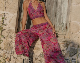 Pink Bohemian Polyester Printed Flair Trousers ||  Free Size Palazzo Pants || Wide Leg Lounge Pants
