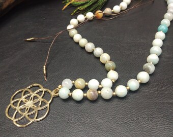 Collier Pièce Unique En Amazonite et Pendentif Fleur de Vie Doré || Collier Symbole || Collier Pierres Semi Précieuses Avec Pendentif