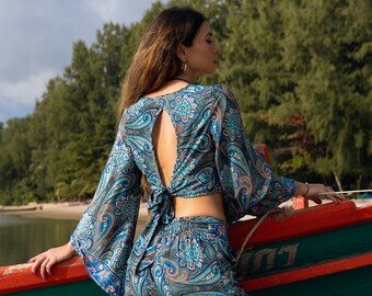 Boho Crop Top To Tie In The Back || Crop Top With Flared Sleeves And Open Back || Women's Summer Floral Print Top