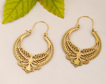 Filigree Crescent Earrings | Ornamental Brass Hoops | Openwork Tribal Earrings | Scrollwork Hoop Earrings |