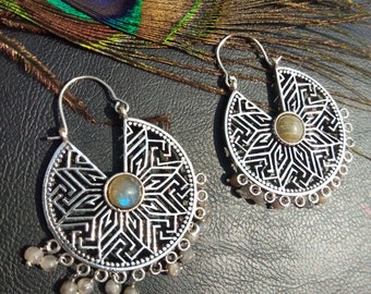 Oriental Silver Hoops With Semi Precious Stones || Bohemian Chic Fine Stones Hoop Earrings || Ethnic Earrings with Stones