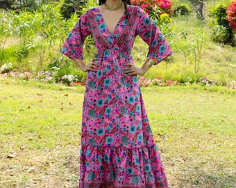 Pink Bohemian Chic Polyester Maxi Dress || Floral Tie Back Dress || Fluid Wide 3/4 Sleeves Dress || Ruffled Bottom Dress