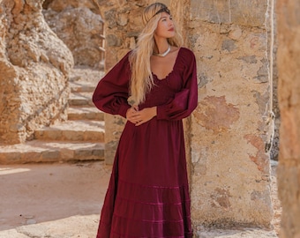 Handmade Burgundy Cotton Maxi Dress: Bohemian Medieval Style