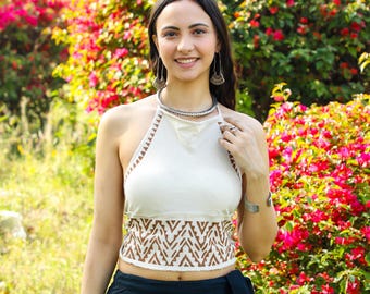 Off White Backless Raw Cotton Top ||  Bare Back Top ||  Natural Fabric Brown Block Print Alter Top || Free Size Boho Crop Top