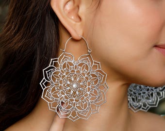 Oversize Decorated Hoop Earrings || Mandala Ethnic Hoops || Oriental Floral Pattern Earrings