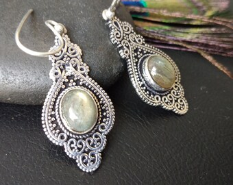 Silvered Dangling Earrings With Semi Precious Stones || Bohemian Chic Ethnic Gemstone Earrings || Medieval  Drop Earring with Gem Stone