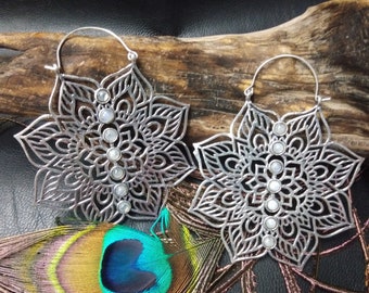 Oversized Sacred Lotus Mandala Earrings | Silver Filigree Statement Hoops | Labradorite & Moonstone Floral Jewelry |
